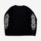 Chrome Hearts black cashmere crewneck back view with white floral cross dagger embroidery on each sleeve