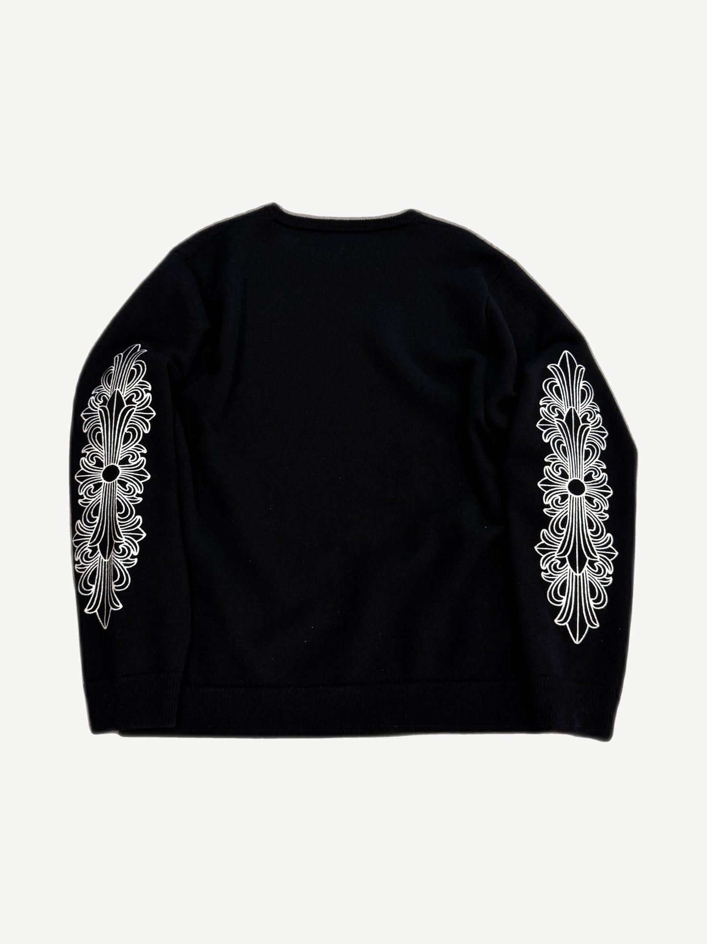 Chrome Hearts black cashmere crewneck back view with white floral cross dagger embroidery on each sleeve