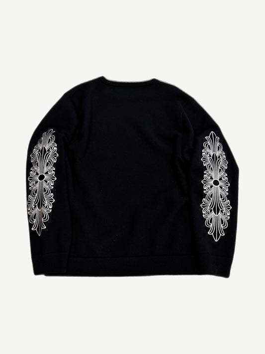 Chrome Hearts black cashmere crewneck back view with white floral cross dagger embroidery on each sleeve