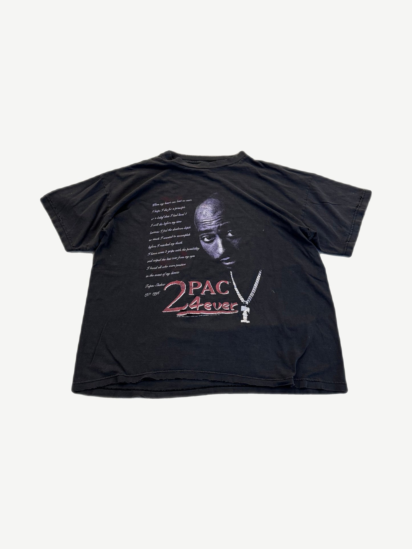 Vintage Tupac Shakur memorial tee with 2Pac portrait, 1971-1996 dates, chain detail and red 4ever script print.
