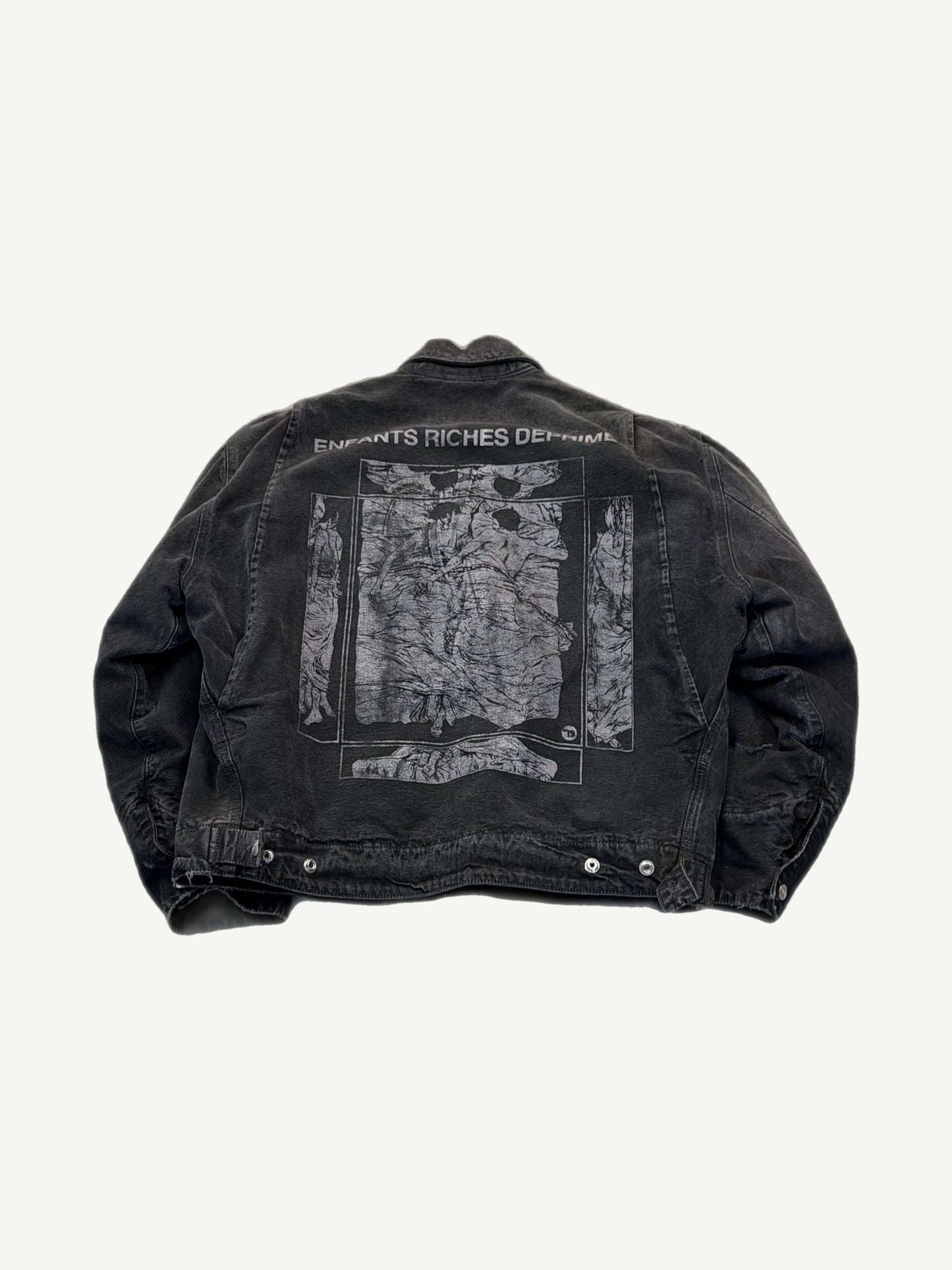 Enfants Riches Deprimes black work jacket back with greyscale Italian Romance figural print graphic.