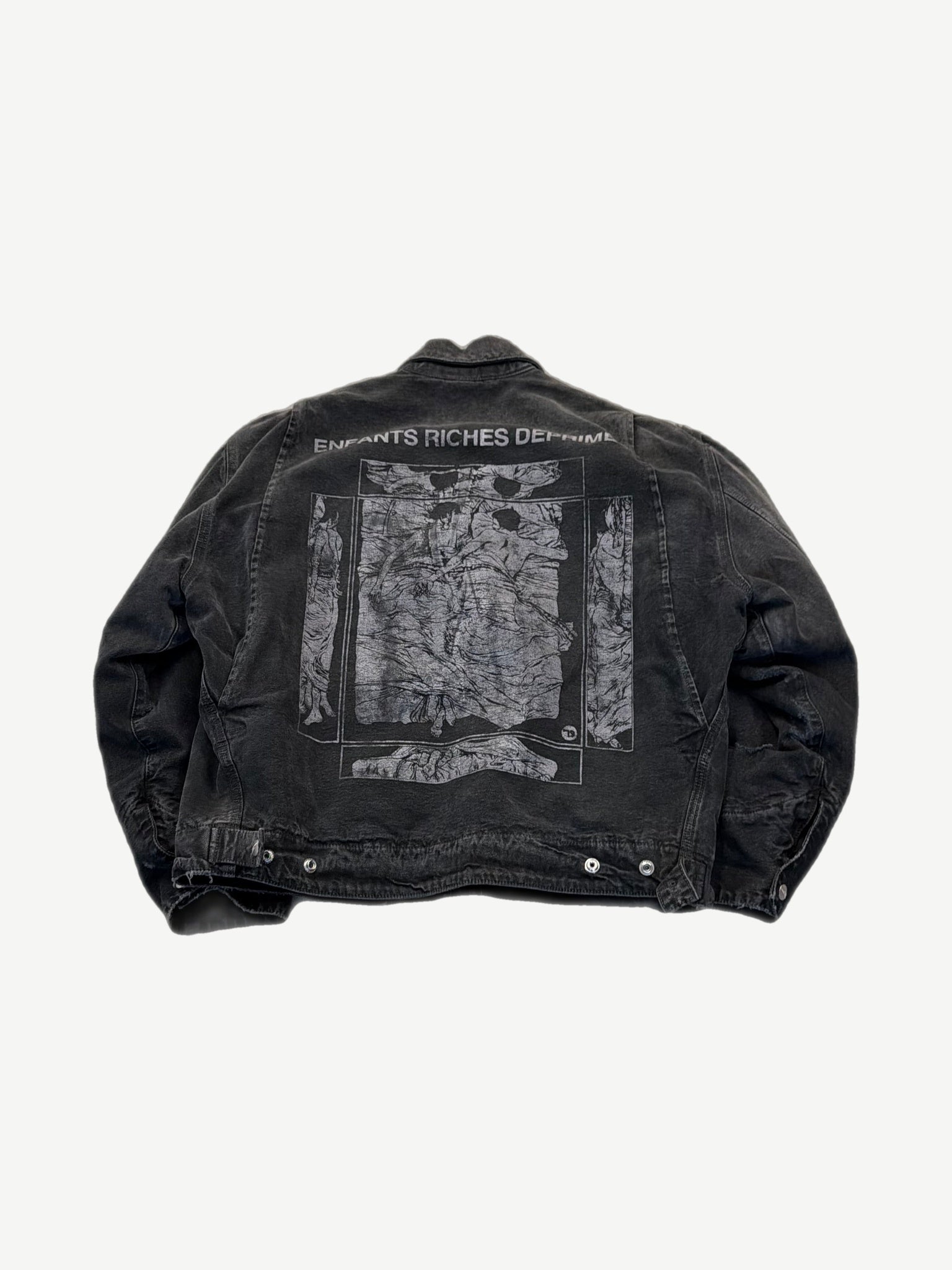 Enfants Riches Deprimes black work jacket back with greyscale Italian Romance figural print graphic.