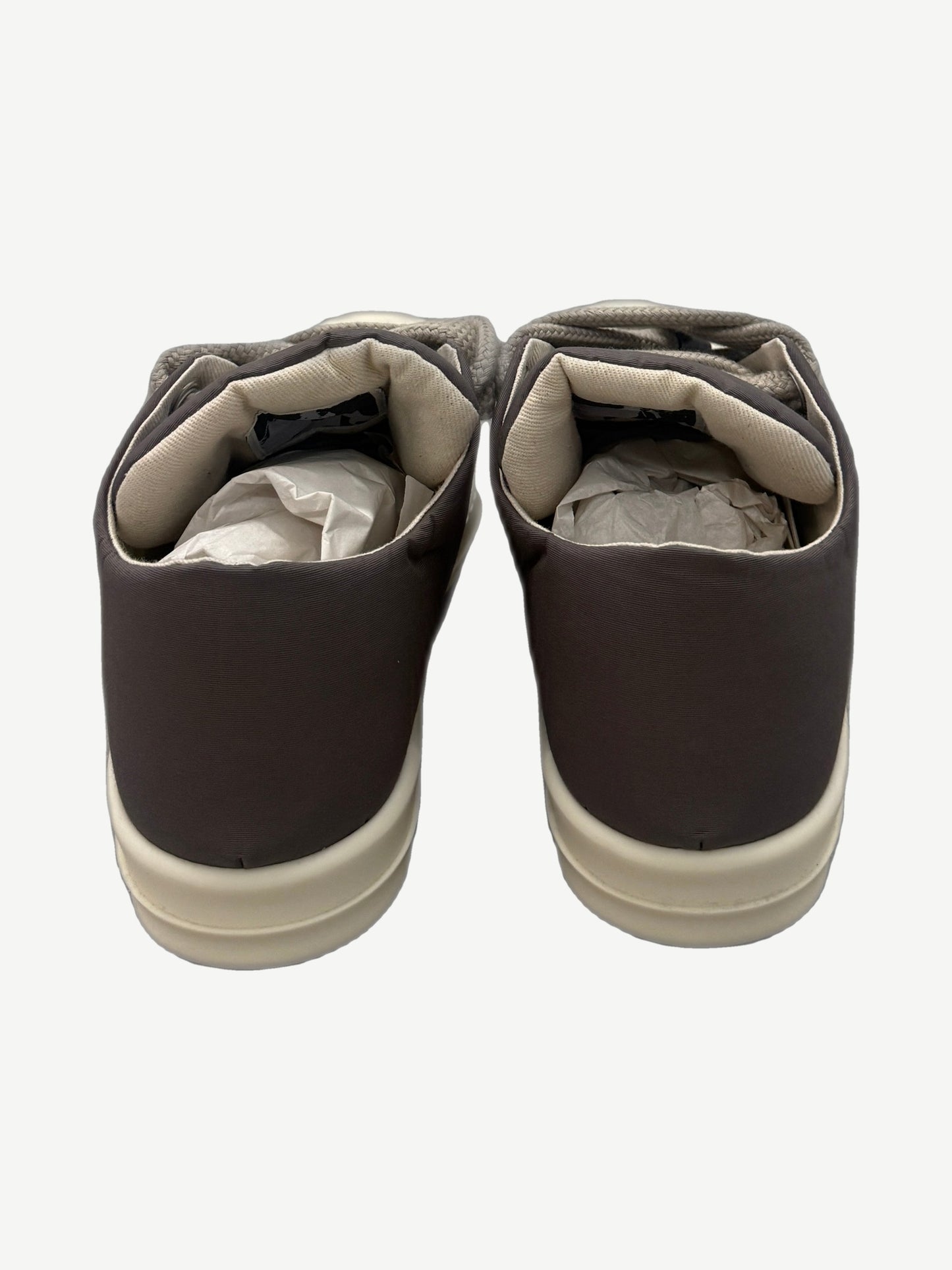 Rick Owens DRKSHDW Dust puffer sneakers top down view showing padded nylon panels and jumbo lace closure