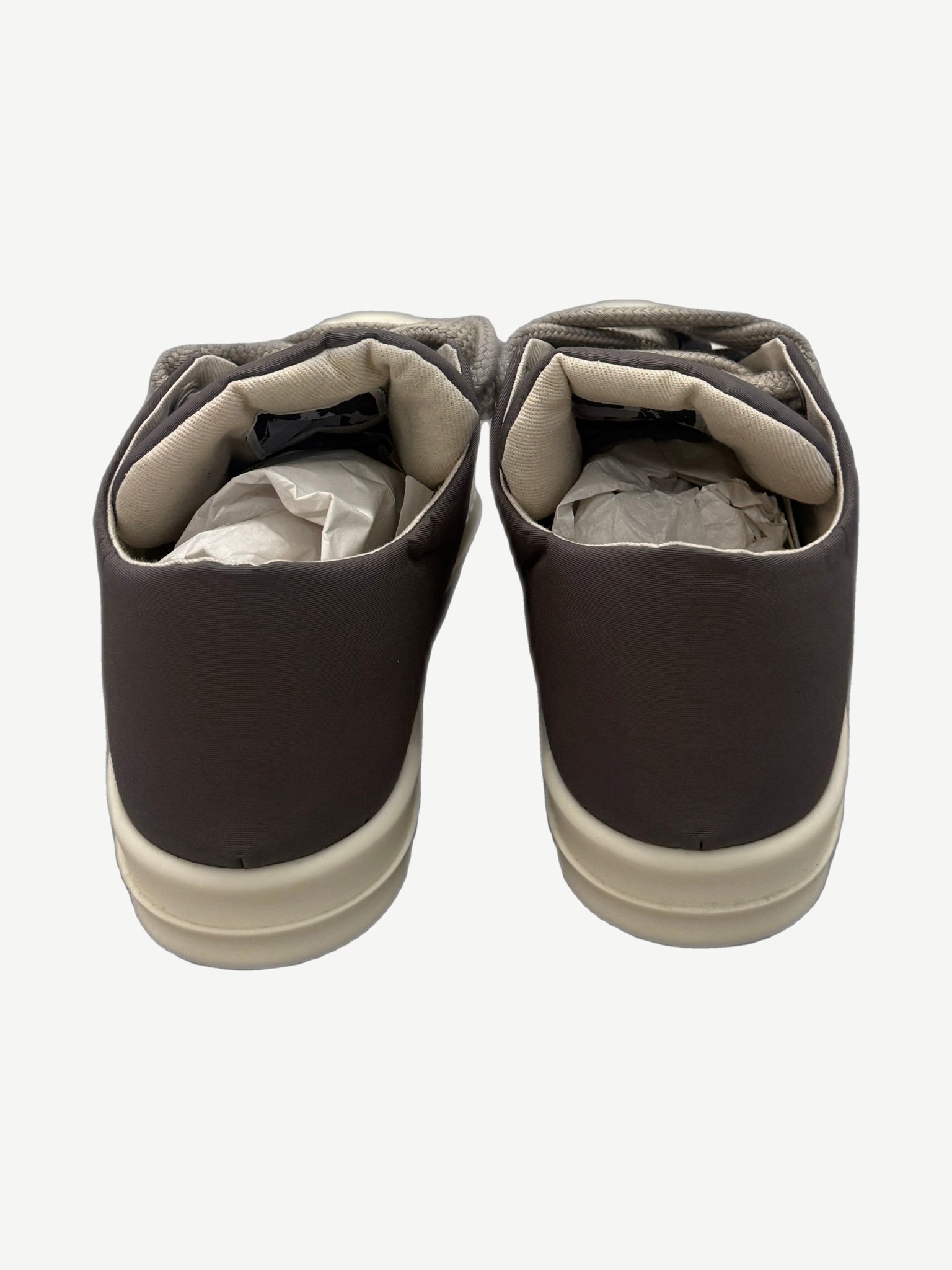 Rick Owens DRKSHDW Dust puffer sneakers top down view showing padded nylon panels and jumbo lace closure
