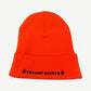 Chrome Hearts orange knit beanie back view showing ribbed cuff and black gothic logo placement.