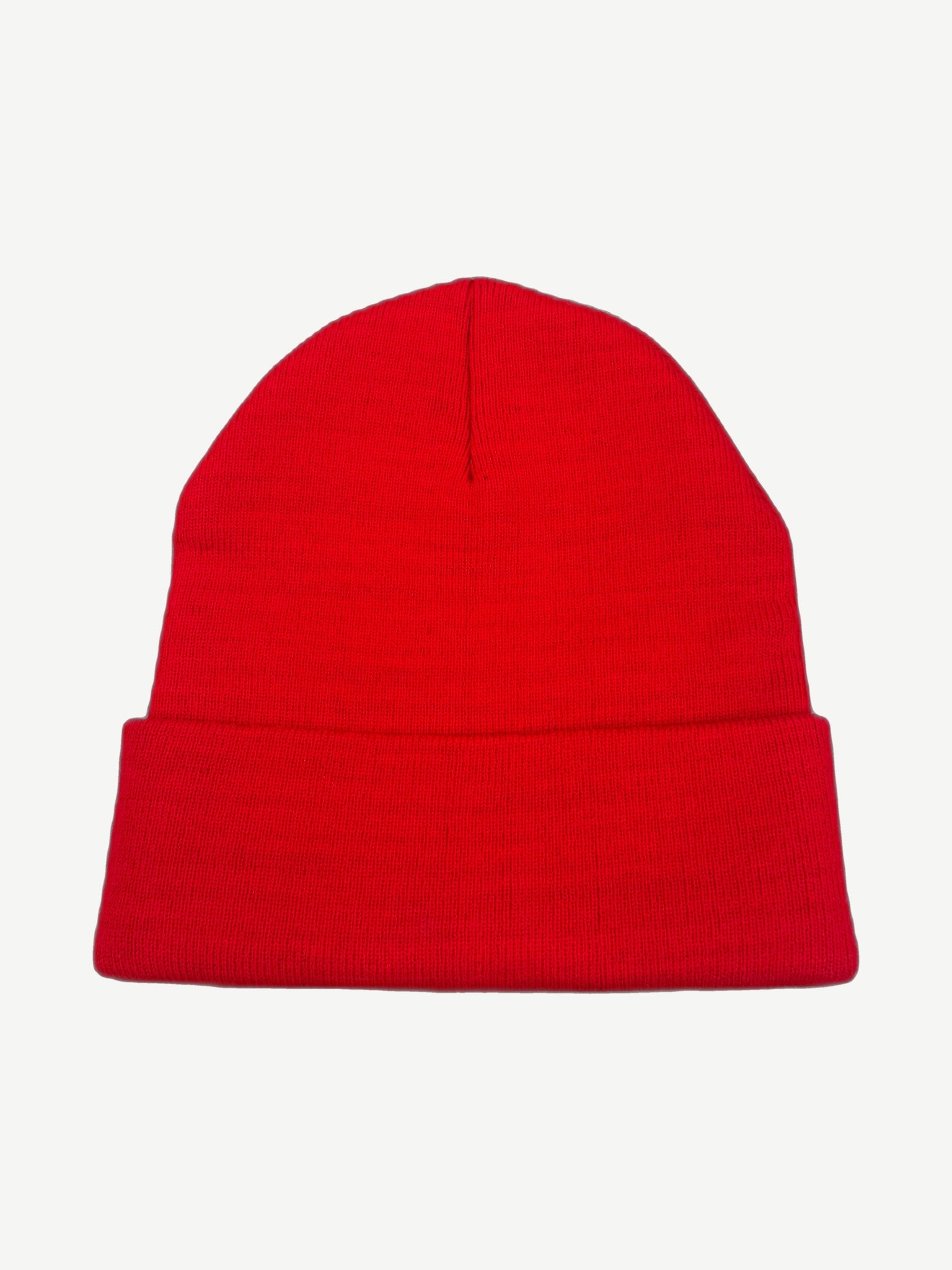 Chrome Hearts red beanie reverse showing white embroidered cross motifs along the folded ribbed cuff.