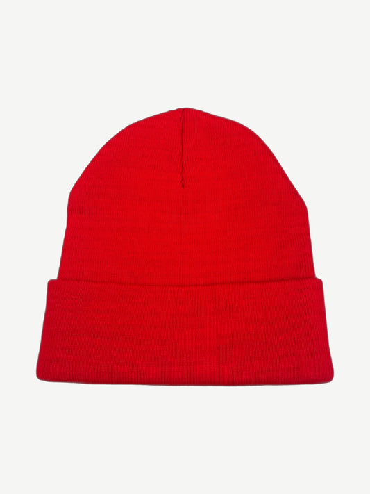 Chrome Hearts red beanie reverse showing white embroidered cross motifs along the folded ribbed cuff.