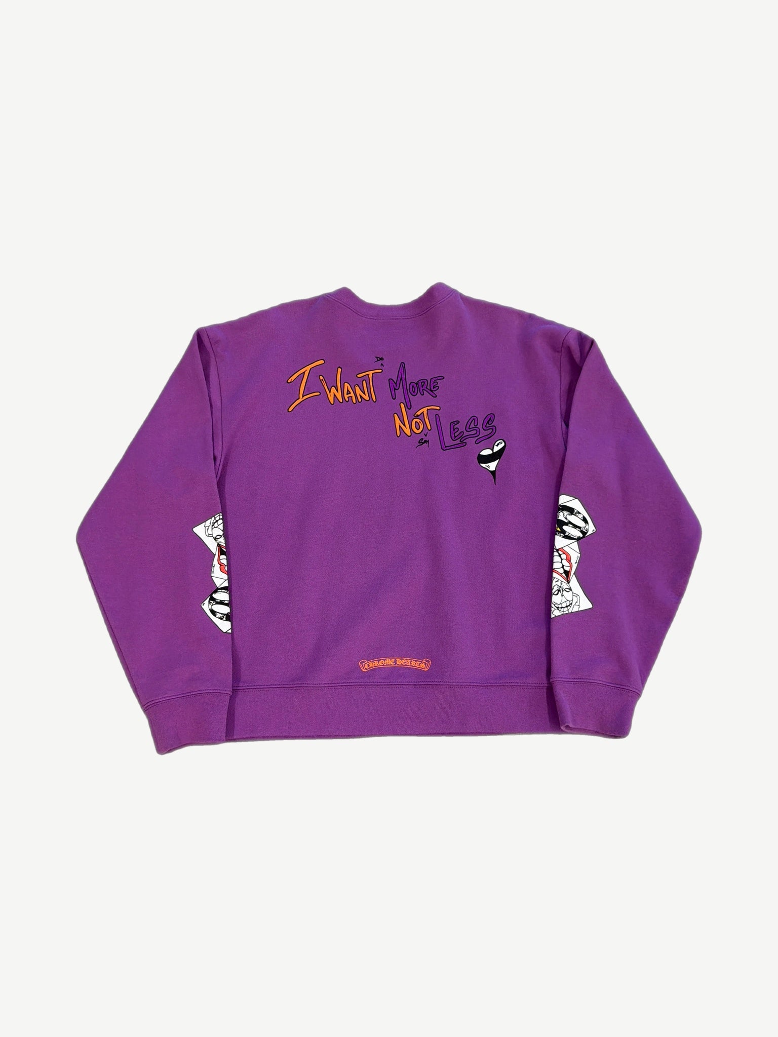 Chrome Hearts Matty Boy purple I Want More crewneck back view with large I Want More slogan print