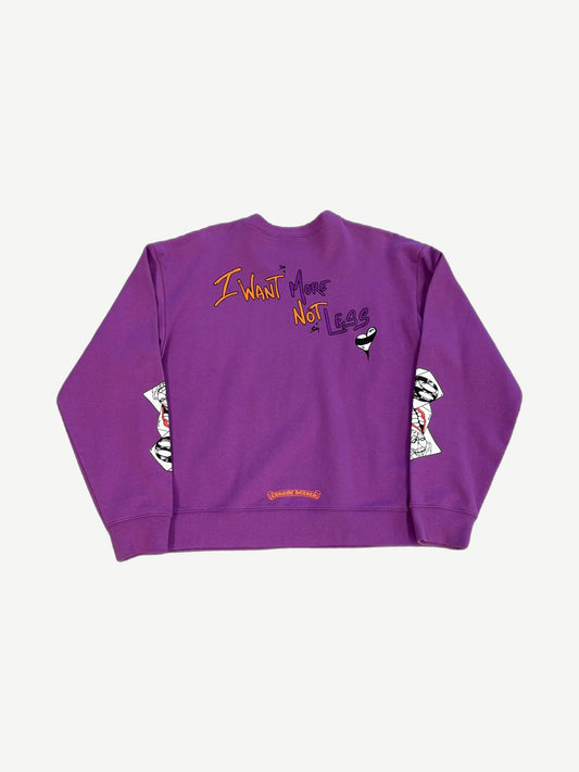 Chrome Hearts Matty Boy purple I Want More crewneck back view with large I Want More slogan print