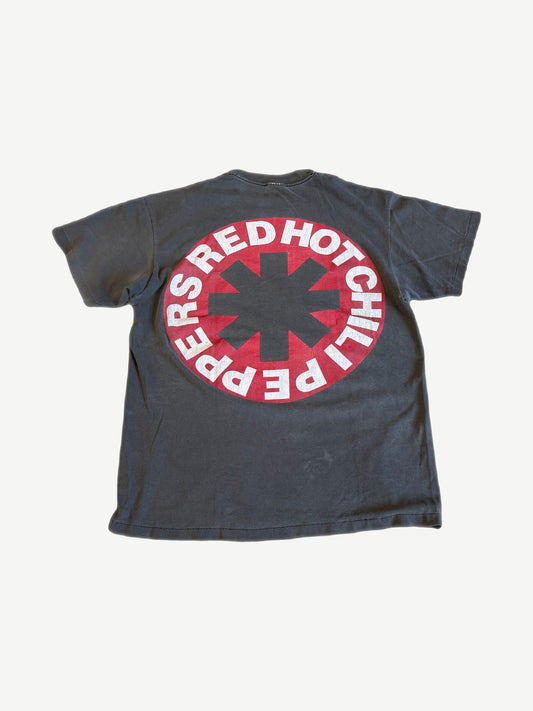 Vintage RHCP Blood Sugar Sex Magik tour tee back view in faded black with album graphic print.