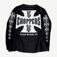 Vintage West Coast Choppers black longsleeve back with large white iron cross logo and Long Beach CA gothic text.