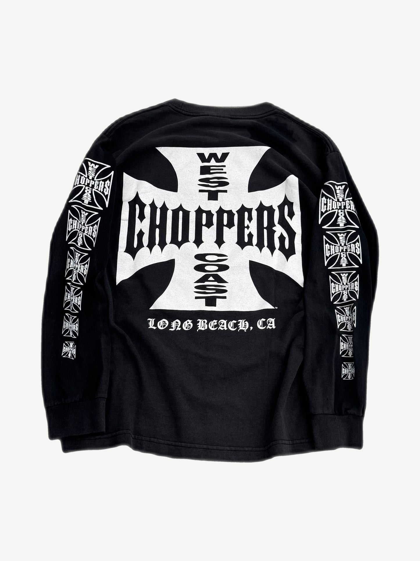 Vintage West Coast Choppers black longsleeve back with large white iron cross logo and Long Beach CA gothic text.