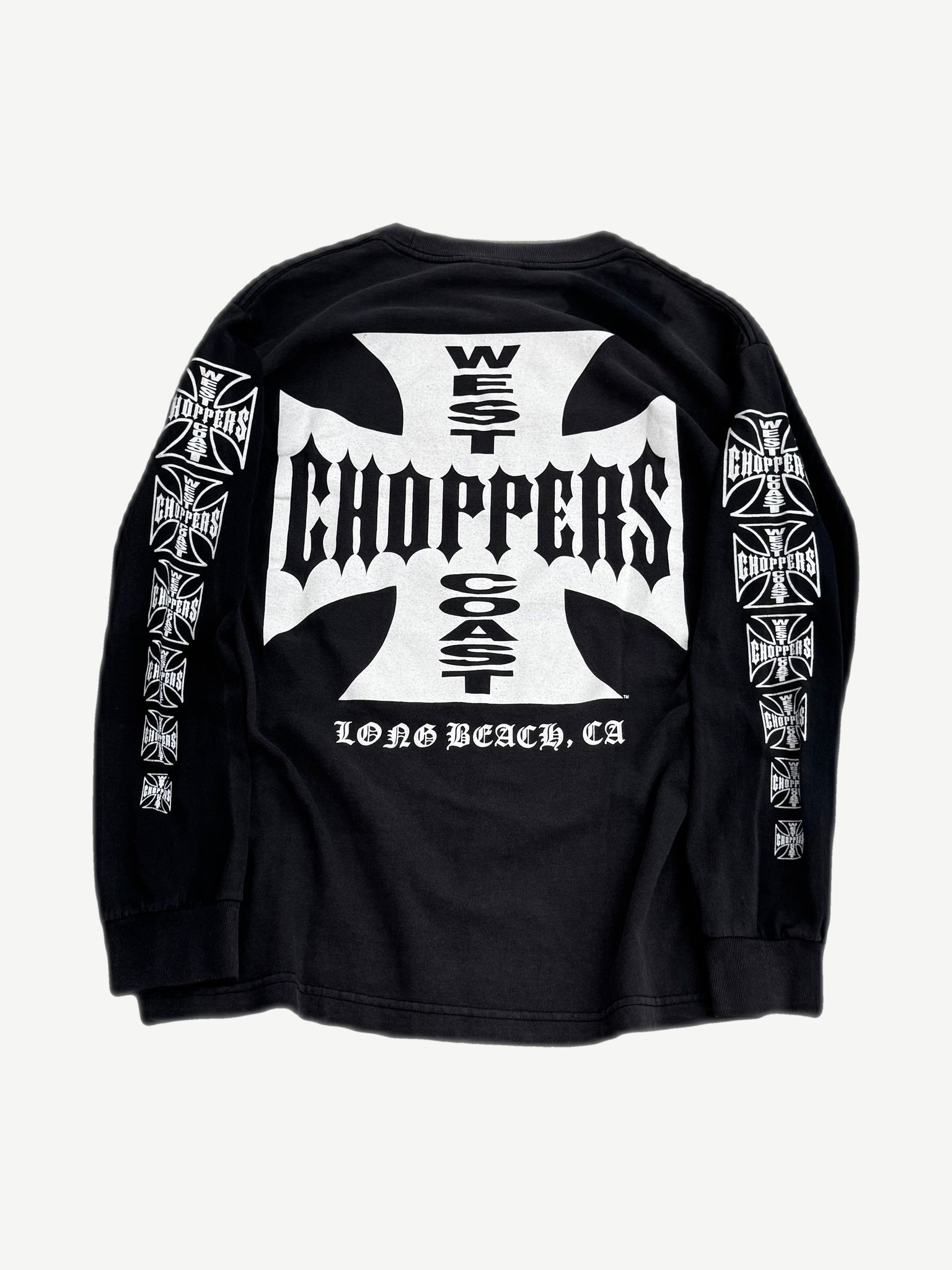Vintage West Coast Choppers black longsleeve back with large white iron cross logo and Long Beach CA gothic text.
