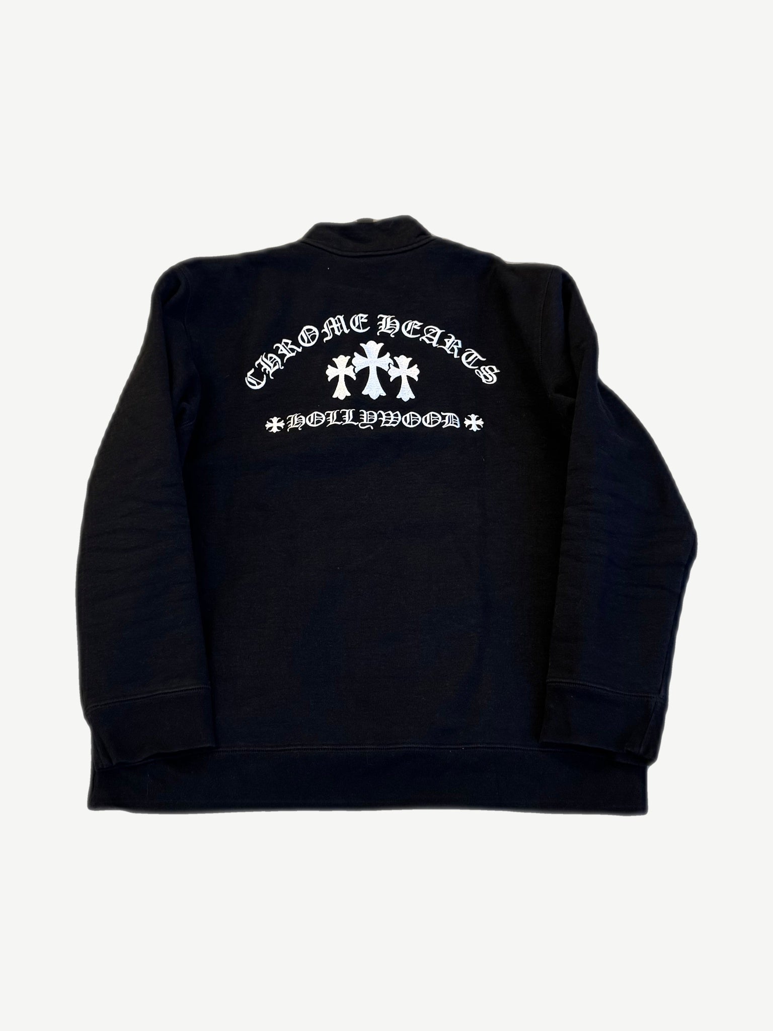 Chrome Hearts King Taco quarter zip back with arched Chrome Hearts text, triple cross and Hollywood print