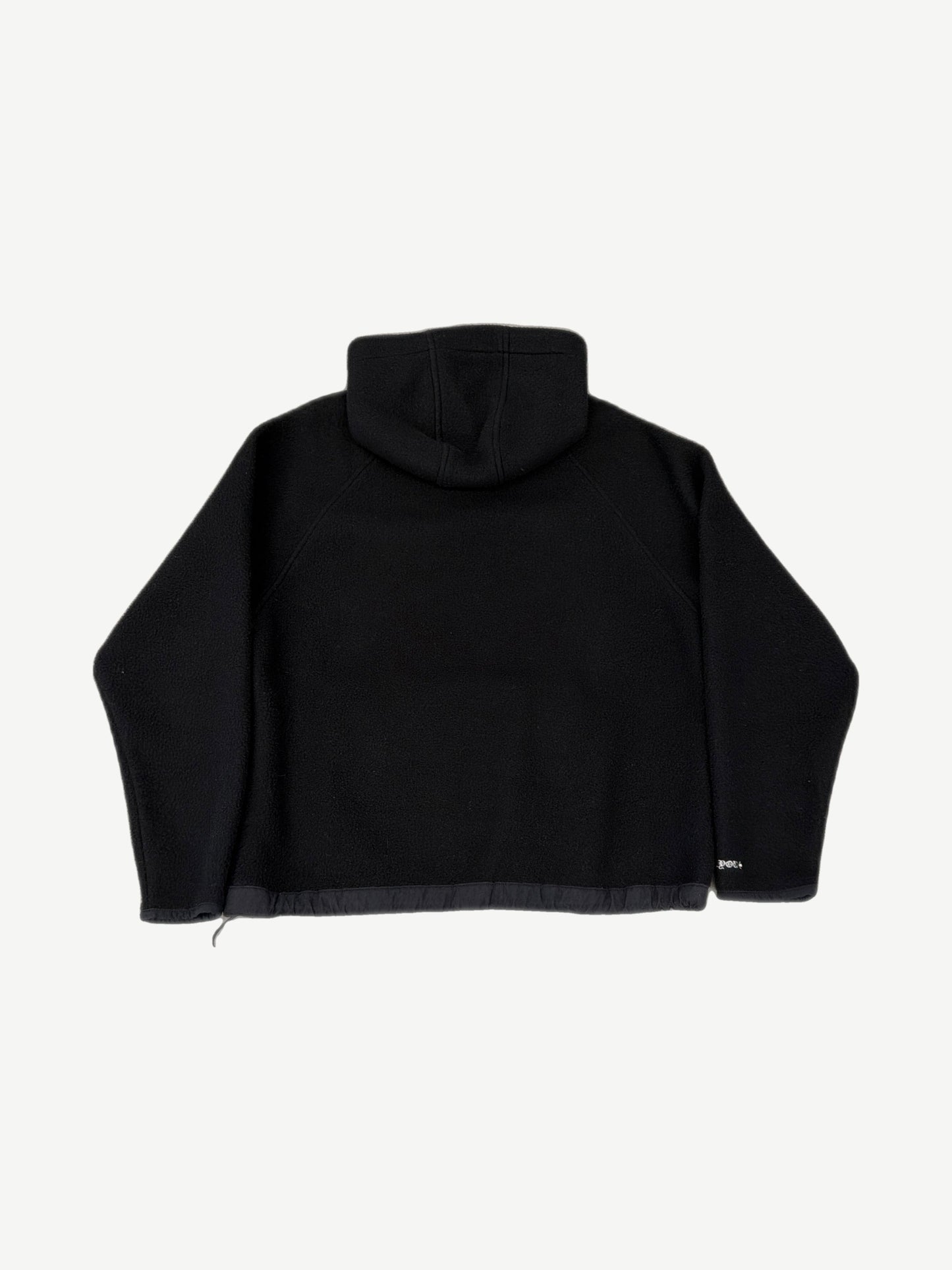 Chrome Hearts black horseshoe polar fleece hoodie back view, fluffy textured panels and oversized cut