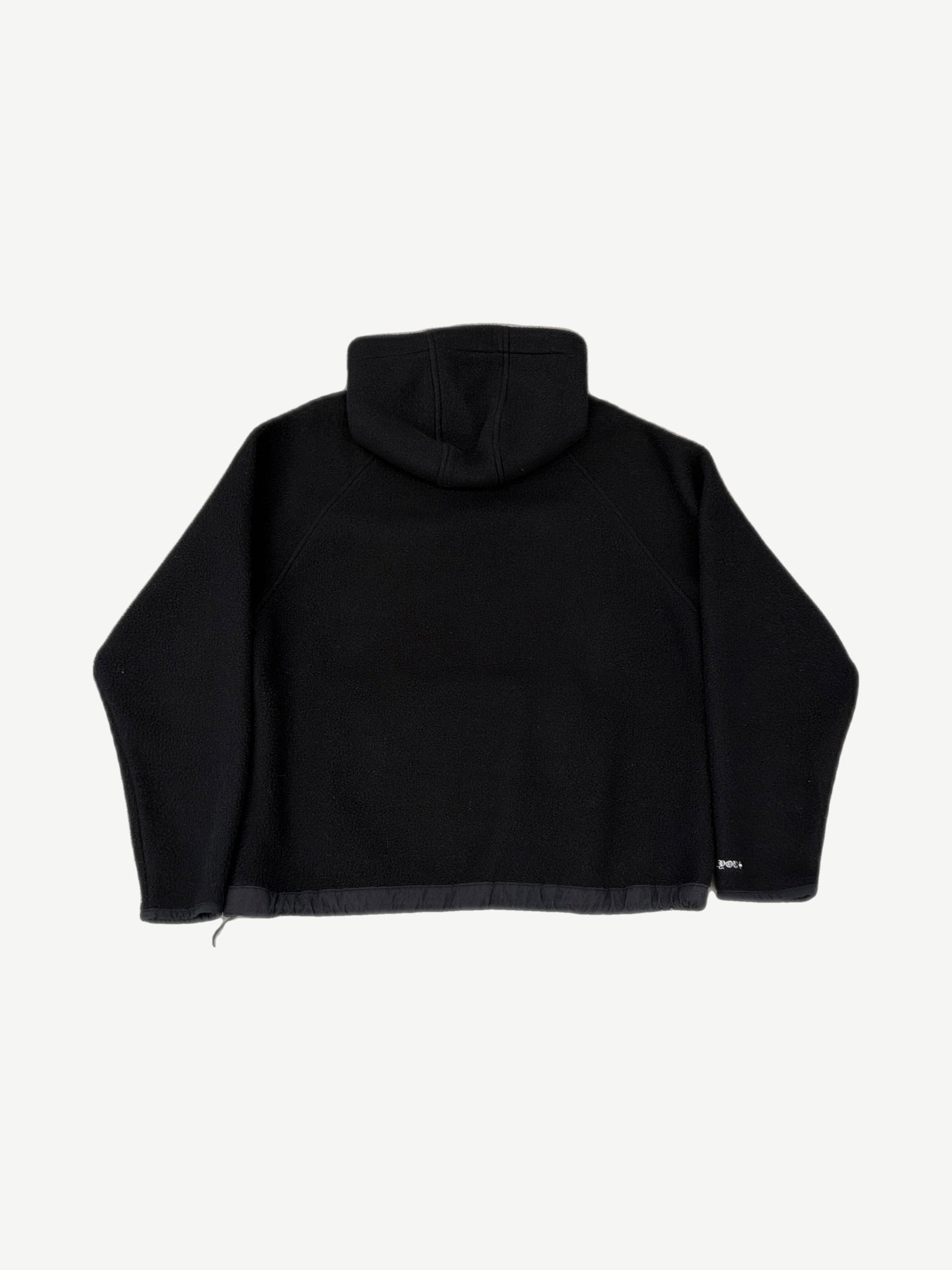 Chrome Hearts black horseshoe polar fleece hoodie back view, fluffy textured panels and oversized cut