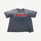 Vintage thrashed gray Die Hard With a Vengeance tee with red logo, paint splatter and heavy moth holes