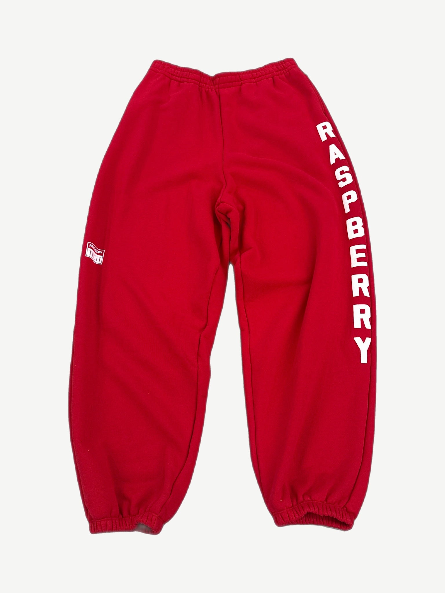 GV Gallery Raspberry Hills red fleece sweatpants with vertical white Raspberry logo down leg and box patch