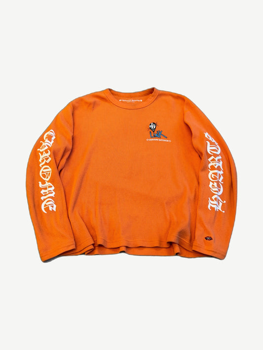 Chrome Hearts Matty Boy orange waffle thermal longsleeve with LINK smiley chest and gothic sleeve print