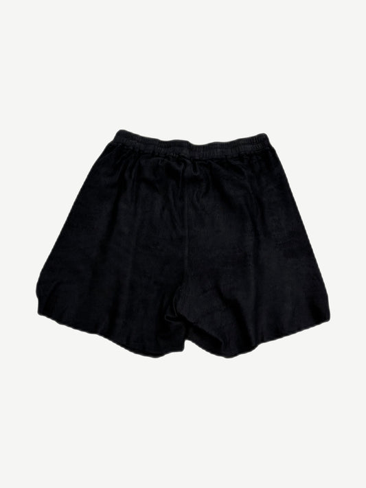 Rick Owens black suede wide-leg shorts back view with elastic waistband and curved hem