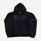 Bottega Desires black tech zip-up hoodie with tonal racing-style logo panel and embroidered sleeve patches