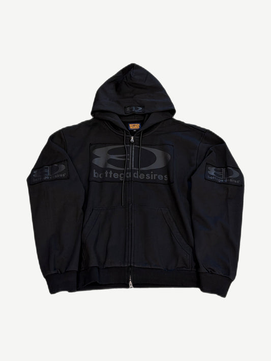Bottega Desires black tech zip-up hoodie with tonal racing-style logo panel and embroidered sleeve patches