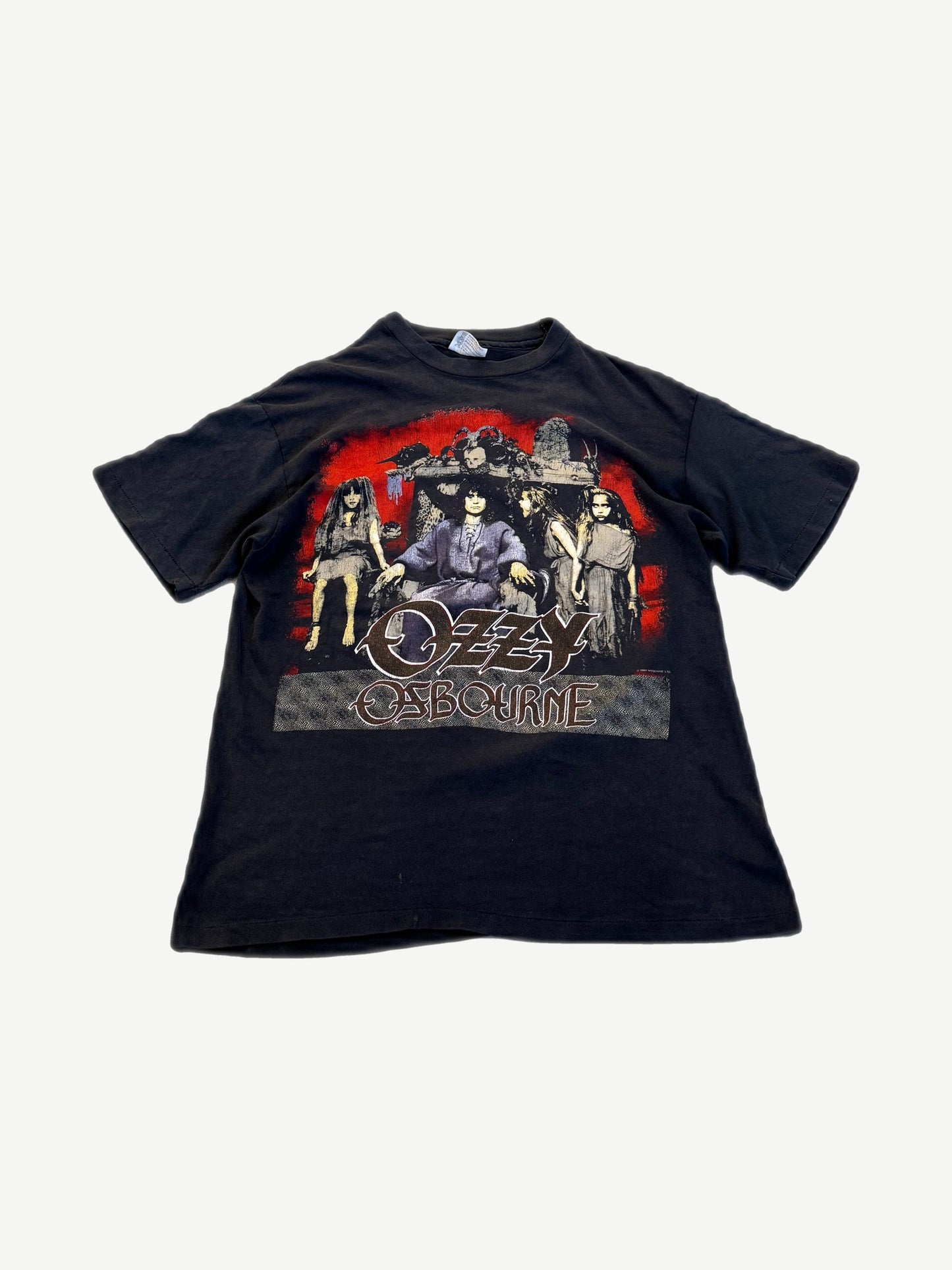 Vintage 1988 Ozzy Osbourne black band tee front with full color graphic and red Ozzy script logo.