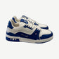 Louis Vuitton blue and white #54 mini monogram embossed leather low-top trainer sneakers, side profile view