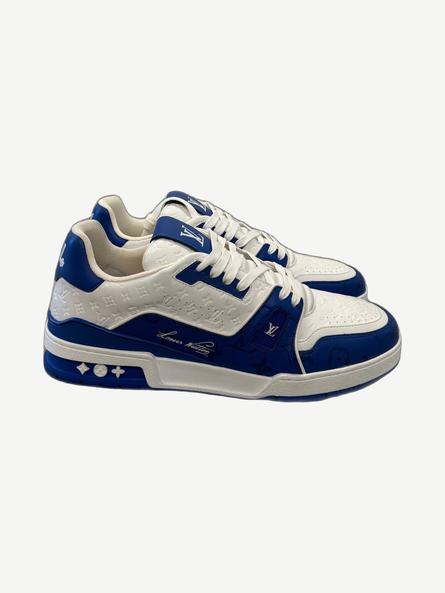 Louis Vuitton blue and white #54 mini monogram embossed leather low-top trainer sneakers, side profile view