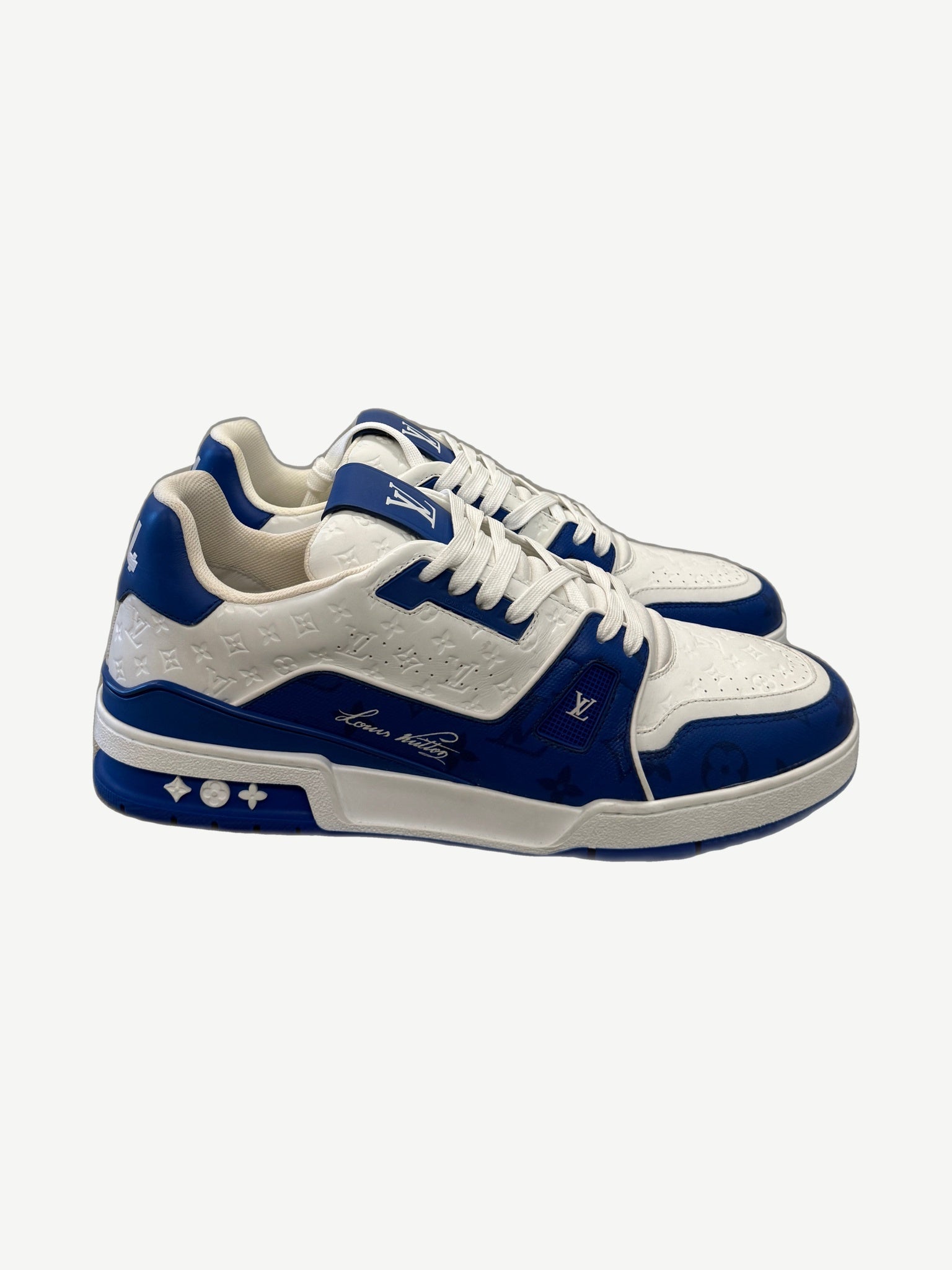 Louis Vuitton blue and white #54 mini monogram embossed leather low-top trainer sneakers, side profile view