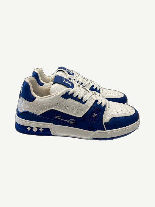 Louis Vuitton blue and white #54 mini monogram embossed leather low-top trainer sneakers, side profile view