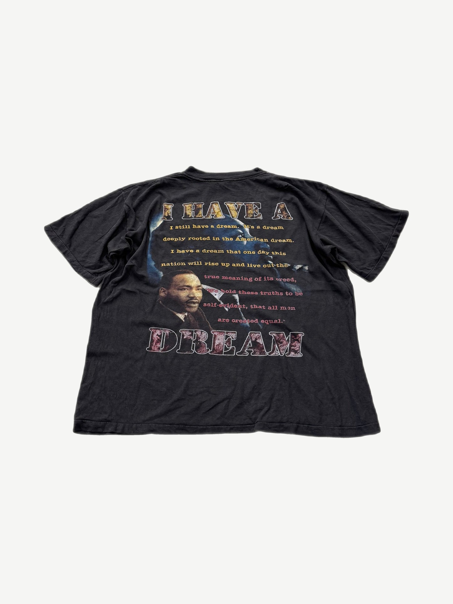 Vintage MLK Jr rap tee back with I Have A Dream full speech quote in white text on black