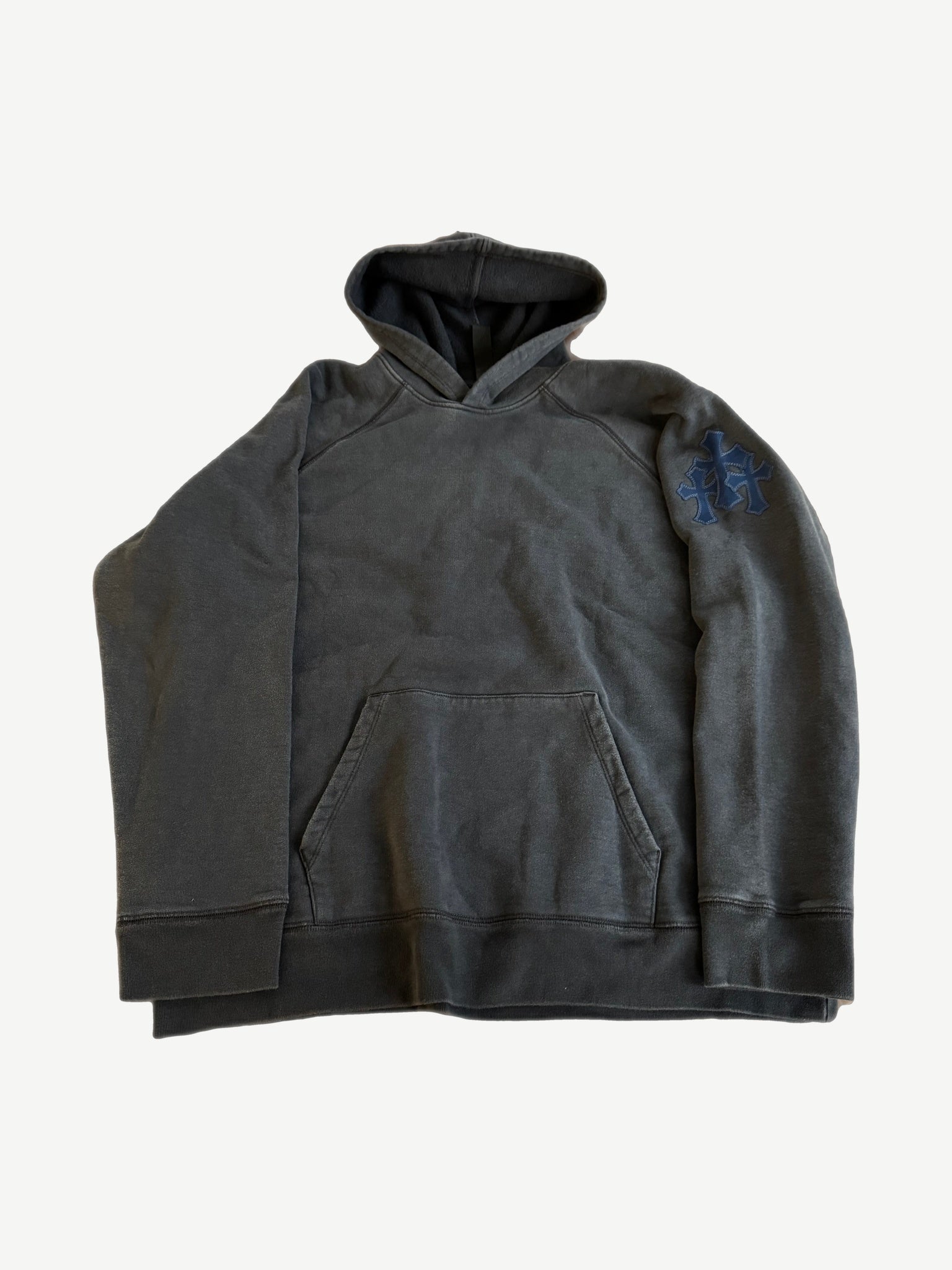 Chrome Hearts navy Paper Jam triple cross sleeve hoodie in faded black with leather cross sleeve patch