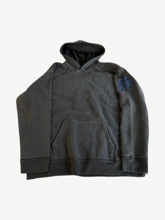 Chrome Hearts navy Paper Jam triple cross sleeve hoodie in faded black with leather cross sleeve patch