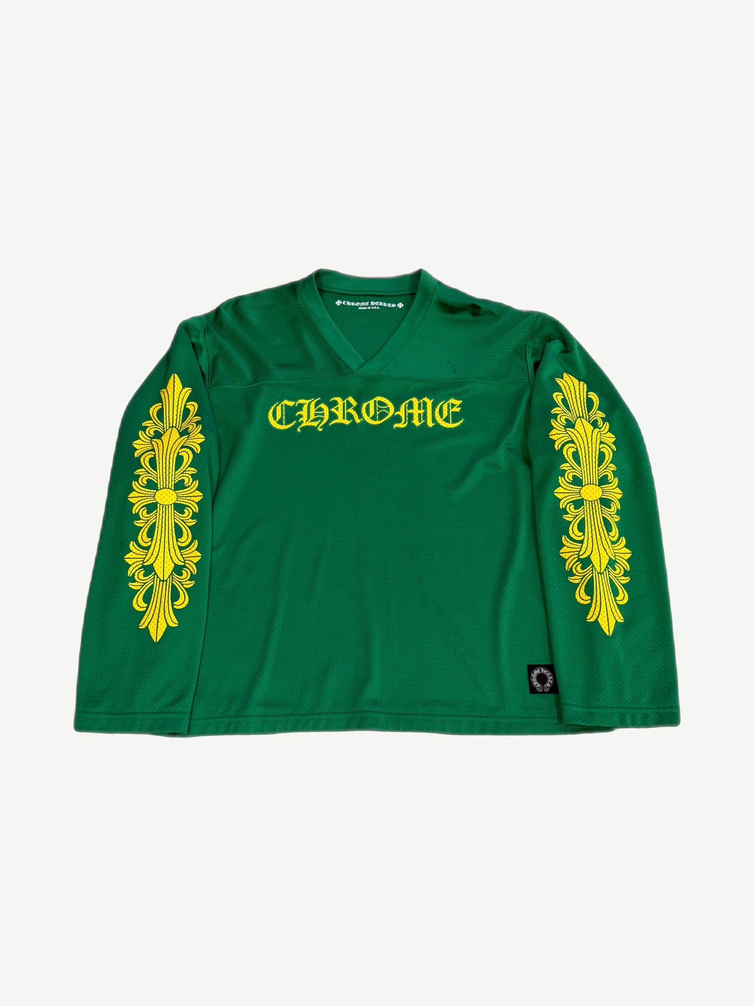 Chrome Hearts green mesh long sleeve jersey with floral print and CH cross logo at left chest