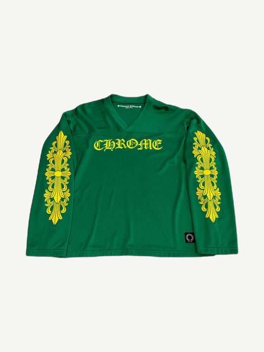 Chrome Hearts green mesh long sleeve jersey with floral print and CH cross logo at left chest