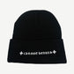 Chrome Hearts black beanie back view with white embroidered Chrome Hearts Old English script across cuff