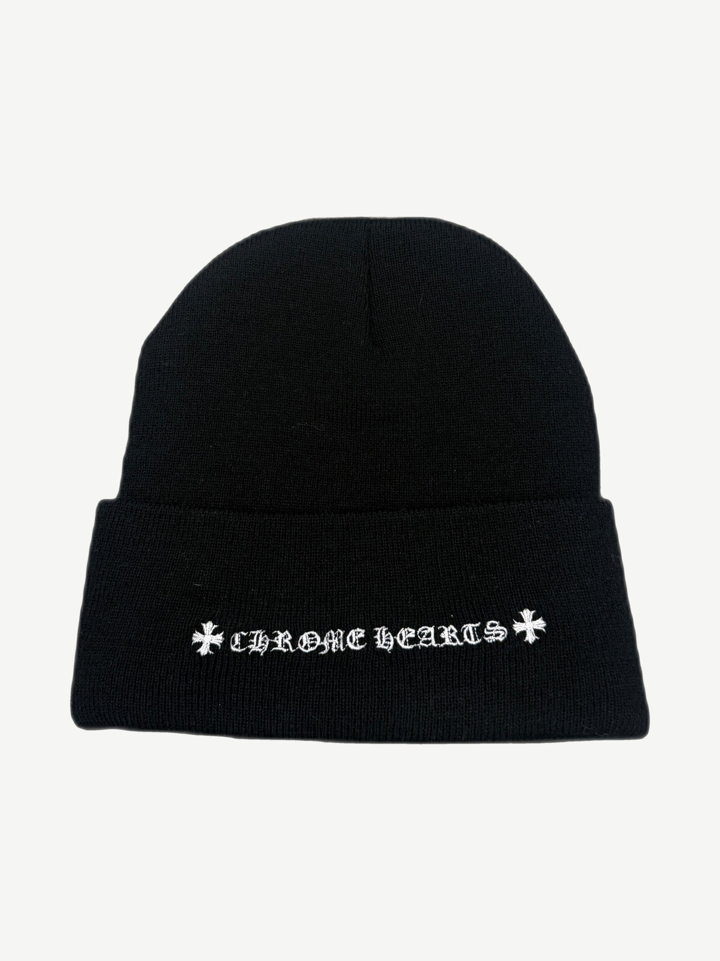 Chrome Hearts black beanie back view with white embroidered Chrome Hearts Old English script across cuff