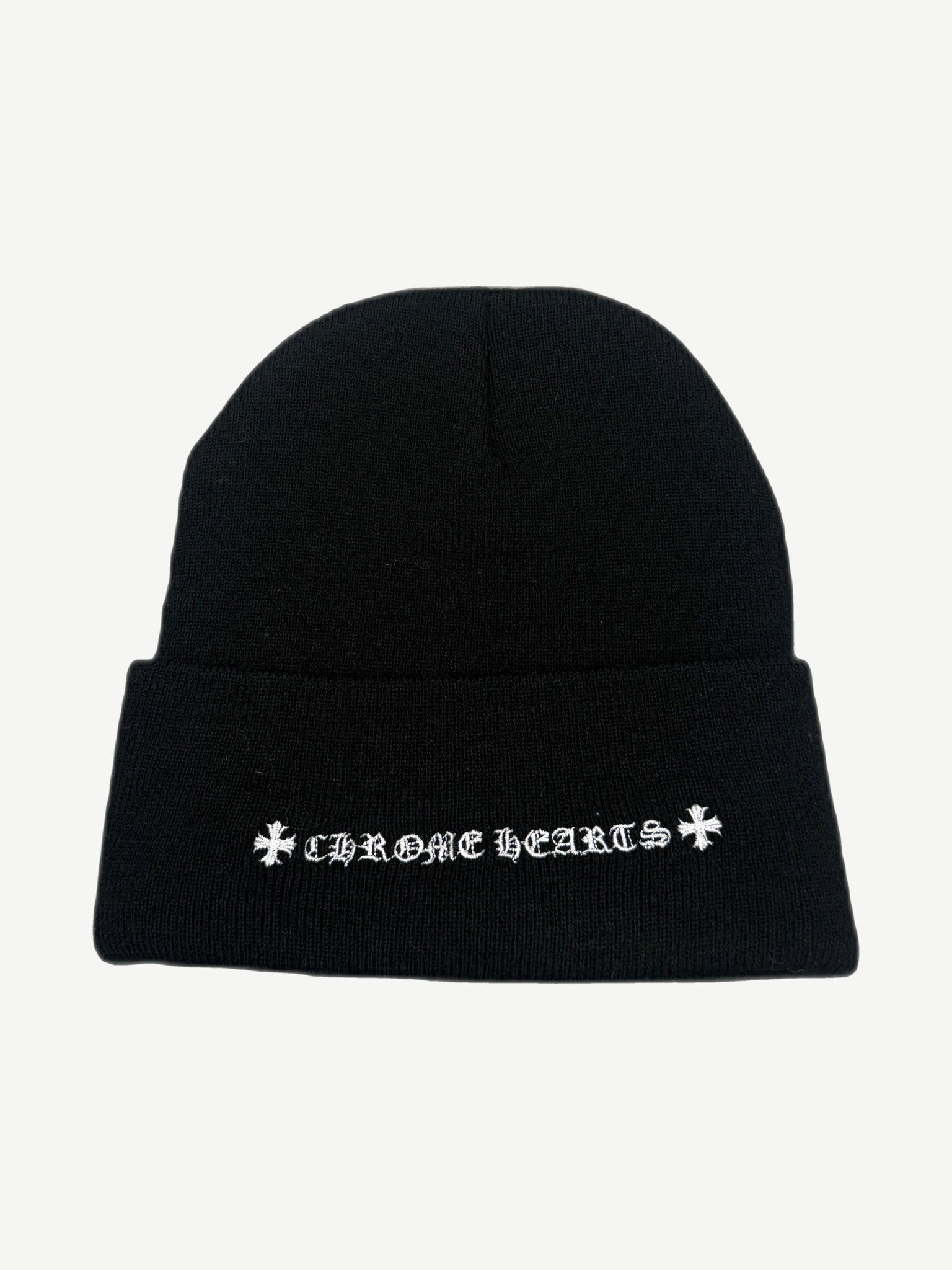 Chrome Hearts black beanie back view with white embroidered Chrome Hearts Old English script across cuff
