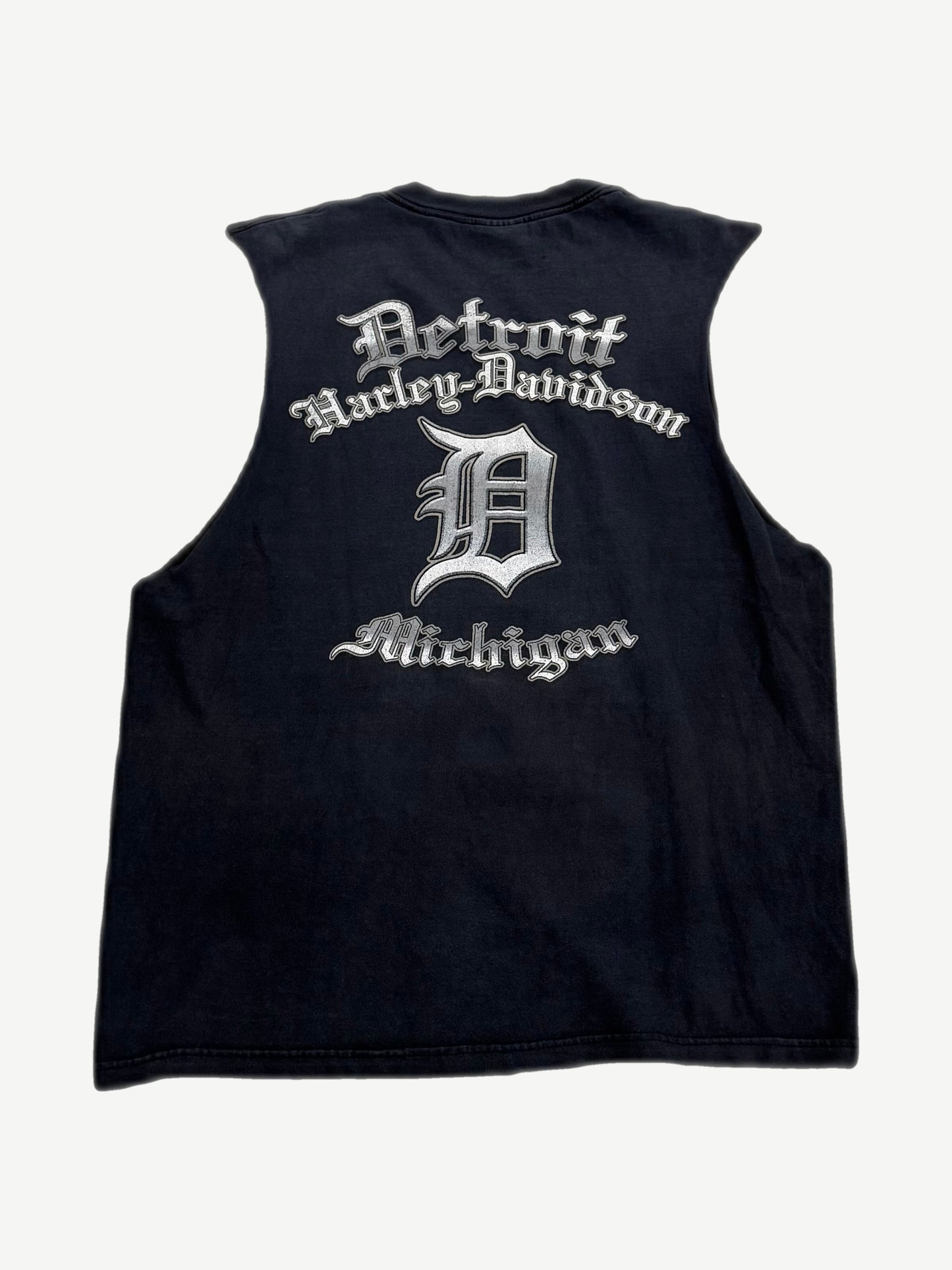 Vintage Harley-Davidson Detroit cutoff back, Old English Michigan print with gothic D graphic