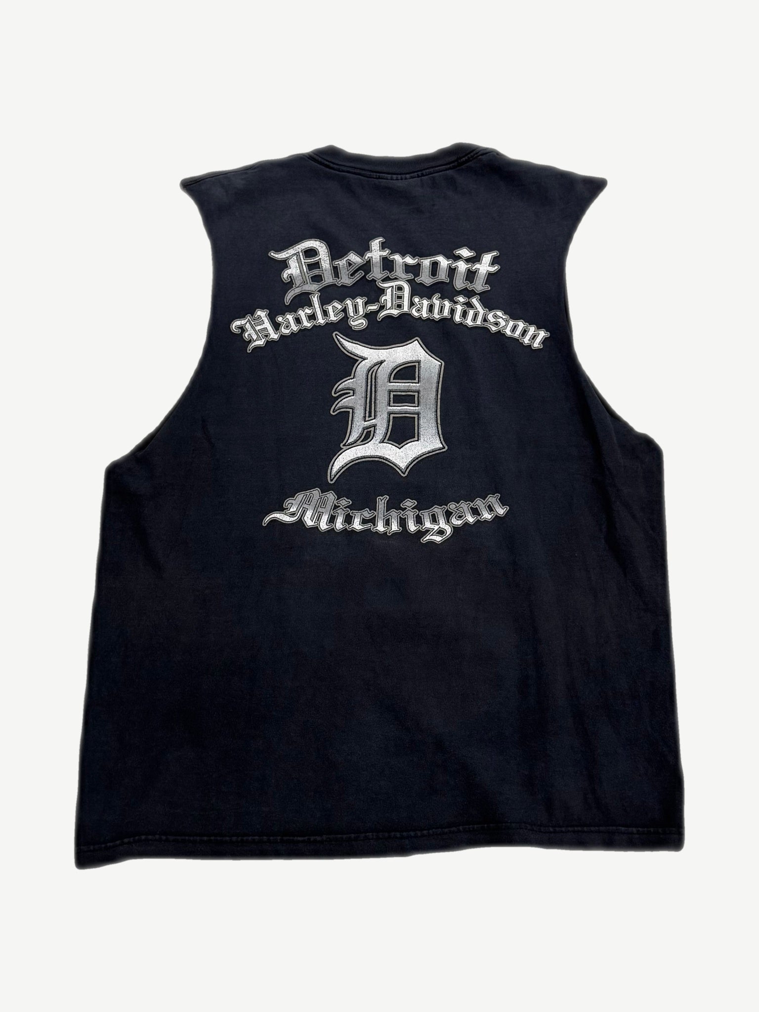 Vintage Harley-Davidson Detroit cutoff back, Old English Michigan print with gothic D graphic