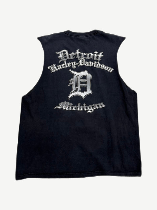 Vintage Harley-Davidson Detroit cutoff back, Old English Michigan print with gothic D graphic