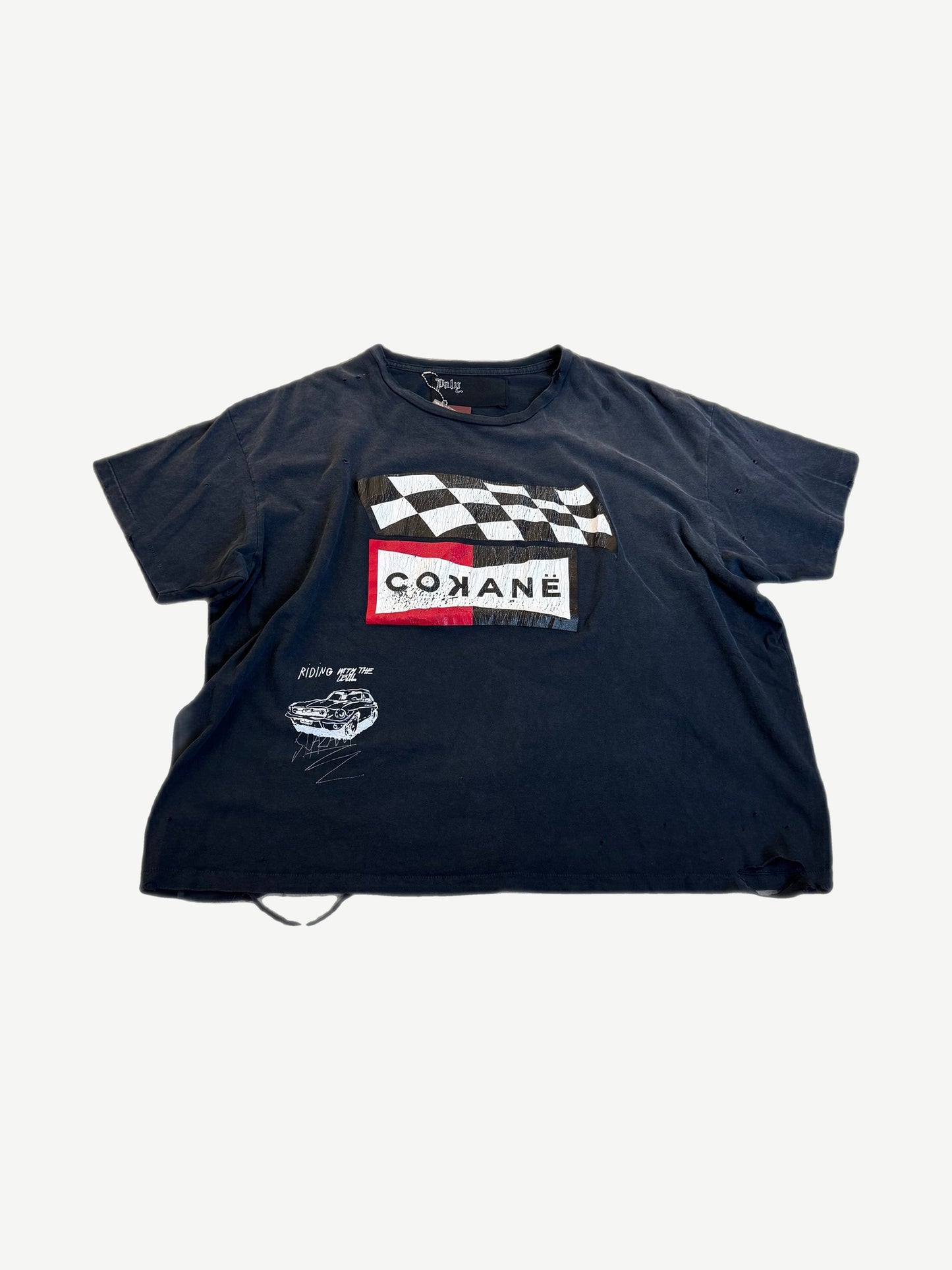 Paly Hollywood F1 Cokane tee in distressed black with checkered flag, red logo box and Riding with the Devil car graphic.