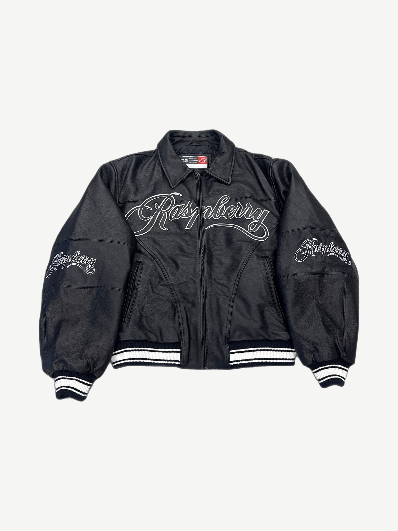 GV Gallery Raspberry Hills black leather varsity jacket with white Raspberry script and striped trim
