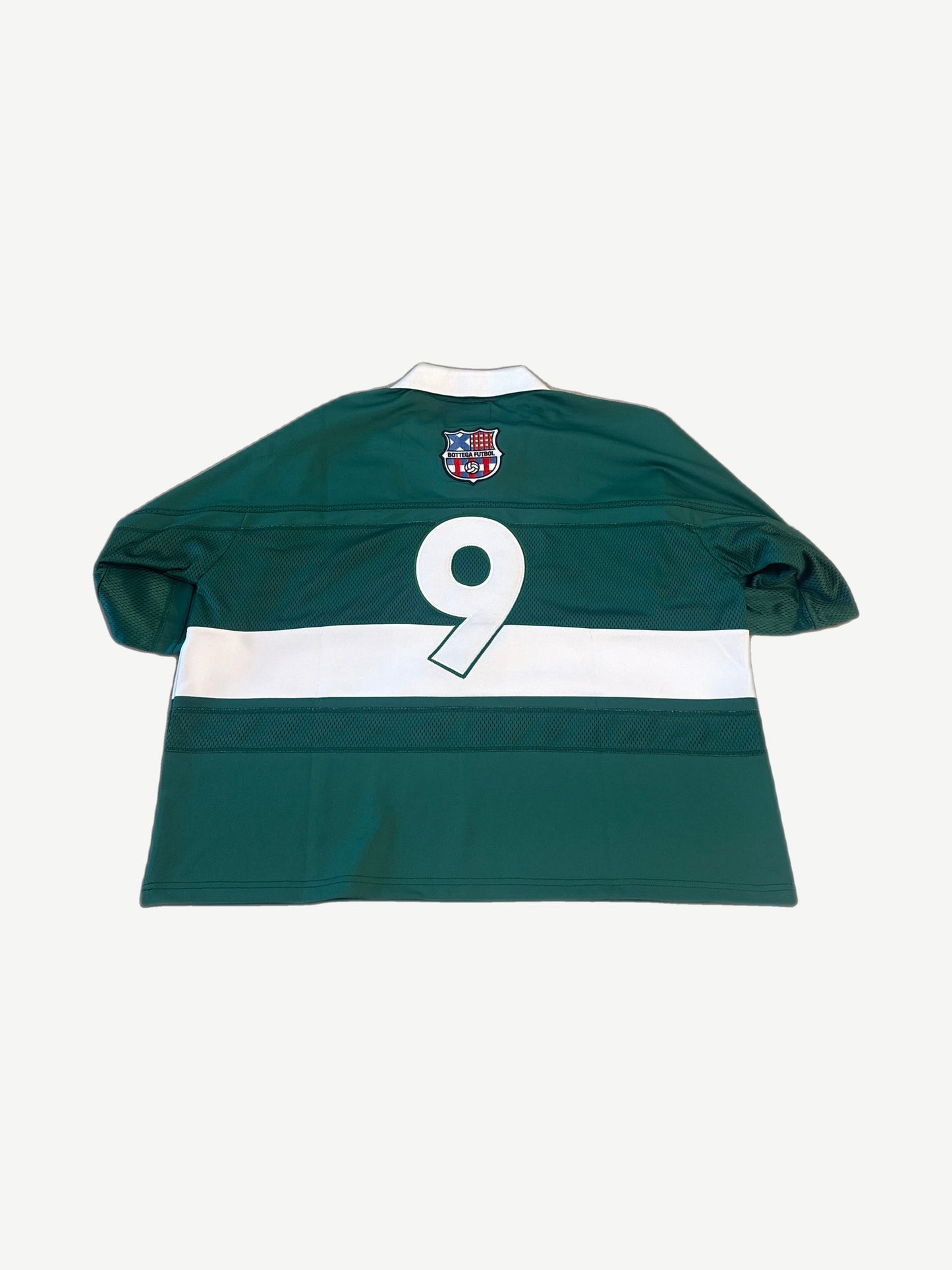 Bottega Desires green futbol jersey back view with white number 9 print on green polyester mesh