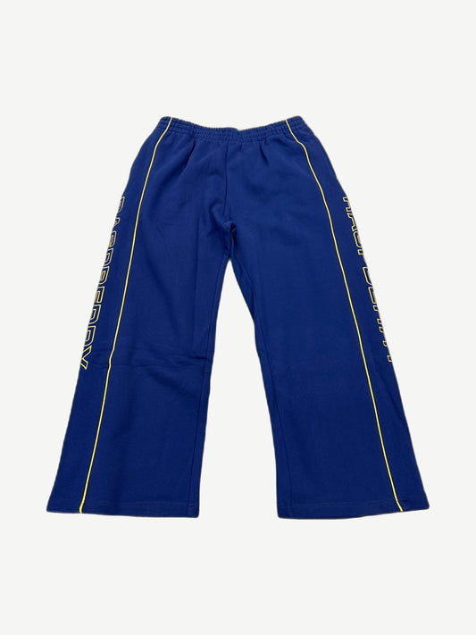 Raspberry Hills navy Fonzi sweatpants alternate view showing wide leg cut and yellow outlined varsity lettering.