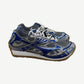 Bottega Veneta Orbit sneakers side view, navy and metallic silver mesh upper on white and gum runner sole