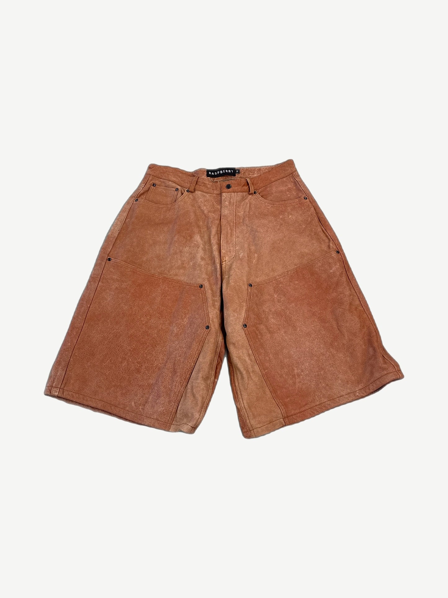 GV Gallery Raspberry Hills Mojave leather shorts front view, tan brown panels with snap closure