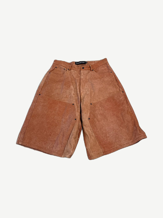 GV Gallery Raspberry Hills Mojave leather shorts front view, tan brown panels with snap closure