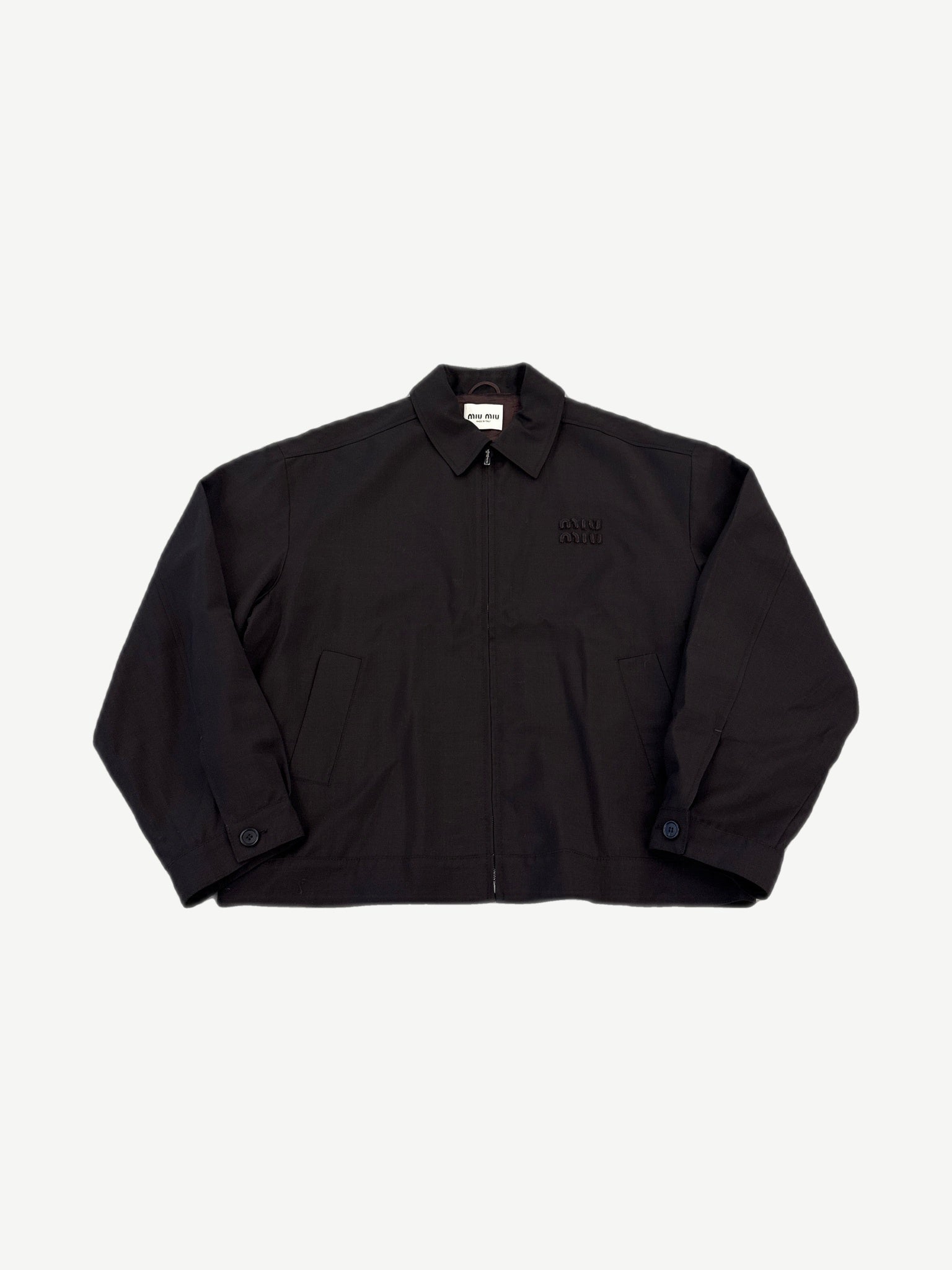 Miu Miu brown mohair Clouson jacket with fuzzy textured wool, cropped bomber silhouette and ribbed cuffs.